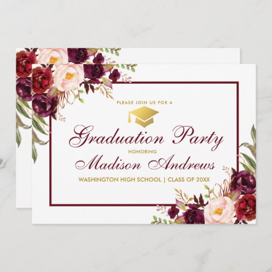 Floral Burgundy Gold Graduation Party Einladung (Vorne/Hinten)