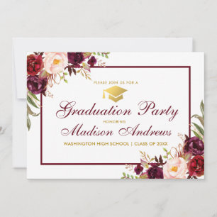 Floral Burgundy Gold Graduation Party Einladung