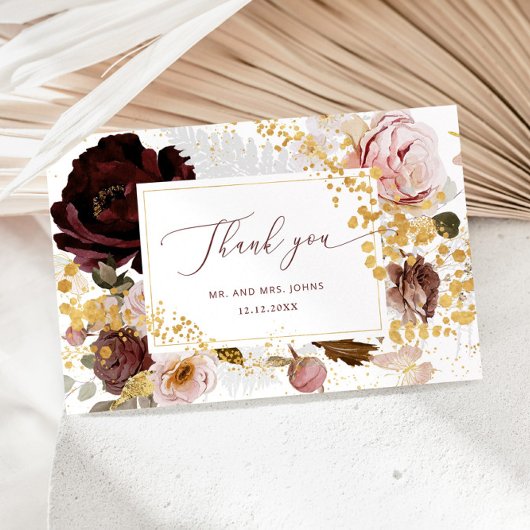 Floral burgundy gold Hochzeit im Herbst danke Ihne Karte