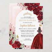 Floral Burgundy Gold Princess Birthday Quinceanera Einladung (Vorne/Hinten)