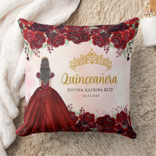 Floral Burgundy Gold Princess Tiara Quinceanera Kissen