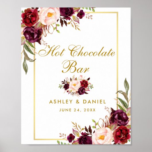 Floral Burgundy Gold Wedding Hot Chocolate Bar Poster (Vorne)