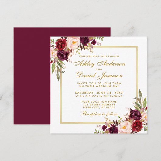 Floral Burgundy Gold Wedding Invite Card G Einladung (Vorne/Hinten)