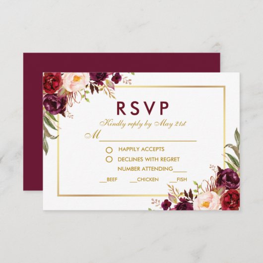 Floral Burgundy Gold Wedding Meal UAWG BG RSVP Karte (Vorne/Hinten)