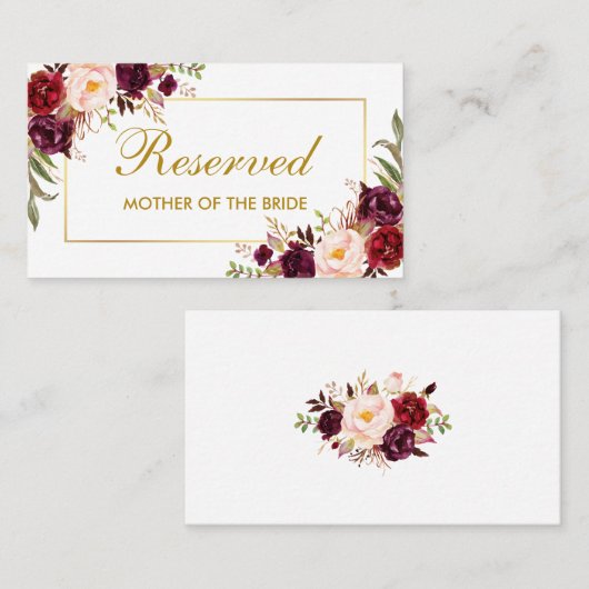 Floral Burgundy Gold Wedding Reservierter Name Platzkarte (Vorne/Hinten)