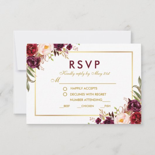 Floral Burgundy Gold Wedding UAWG B RSVP Karte (Vorderseite)