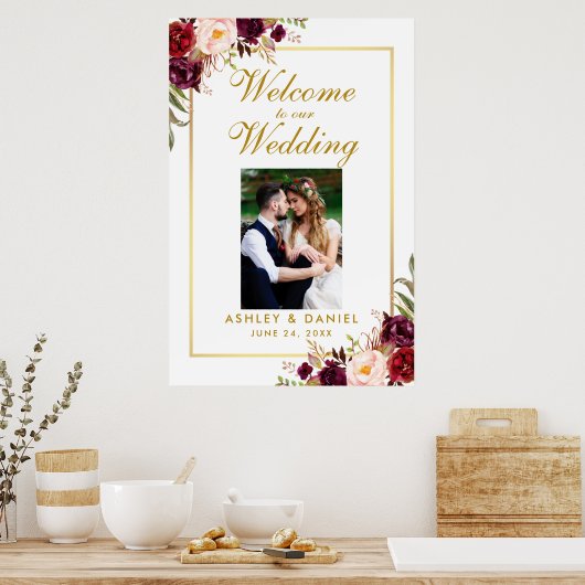 Floral Burgundy Gold Wedding Welcome Foto Poster (Küche)