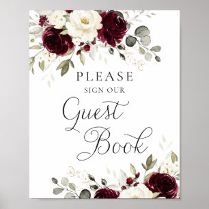 Floral Burgundy Greenery Wedding Guest Book Sign Poster