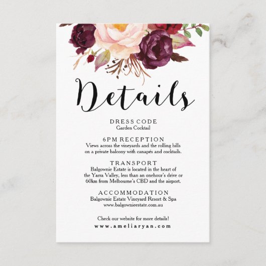 Floral Burgundy Marsala Wedding Details Card Begleitkarte (Vorderseite)