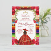 Floral Burgundy Mexican Girl Mis Quince Einladung (Stehend Vorderseite)