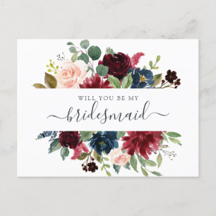 Floral Burgundy Navy Bouquet werden Sie mein Feiertagspostkarte
