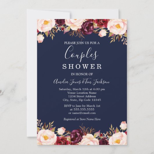 Floral Burgundy Navy Wedding Couples Dusche Einladung (Vorderseite)