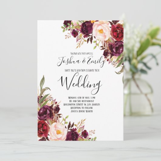Floral Burgundy Peony Boho Einladung zur Hochzeit (Stehend Vorderseite)