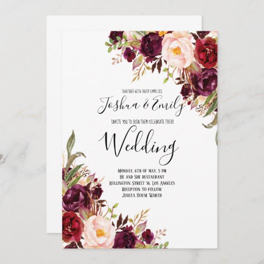 Floral Burgundy Peony Boho Einladung zur Hochzeit (Vorne/Hinten)