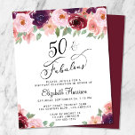 Floral Burgundy Pink 50. Geburtstag Einladung<br><div class="desc">Elegante,  schicke und preisgünstige 50. Geburtstagsfeier mit "50 & Fabulous" in stilvollen Drehbüchern und Aquarellbouquets in bordeauxroten,  rot-rosa und pflaumenfarbenen lila Blumen mit lichtdurchfluteten Salbeigrün. Einfach mit ihrem Namen und den Party-Details personalisieren.</div>