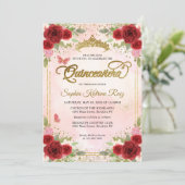 Floral Burgundy Pink Gold Crown Quinceañera Einladung (Stehend Vorderseite)