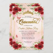 Floral Burgundy Pink Gold Crown Quinceañera Einladung (Vorne/Hinten)