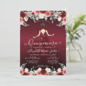 Floral Burgundy Red Princess Birthday Quinceanera Einladung (Stehend Vorderseite)