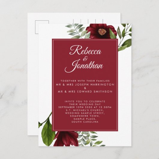 Floral Burgundy Red Wedding Einladungspostkarte (Vorne/Hinten)