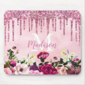 Floral Burgundy rosa Tropfrösche Glitzer Monogramm Mousepad (Vorne)