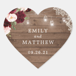 Floral Burgundy Rustic Wood Lace String Lights Herz-Aufkleber