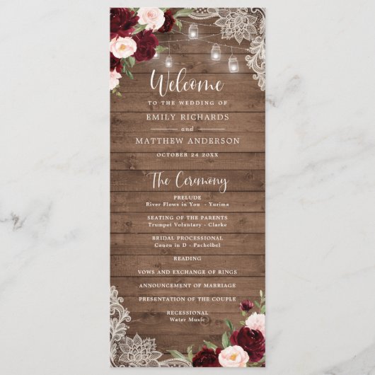 Floral Burgundy Rustic Wood Lace String Lights Programm (Vorderseite)