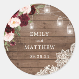 Floral Burgundy Rustic Wood Lace String Lights Runder Aufkleber