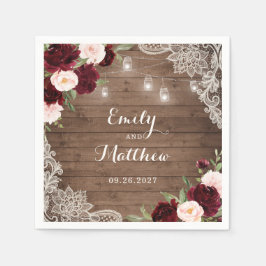 Floral Burgundy Rustic Wood Lace String Lights Serviette