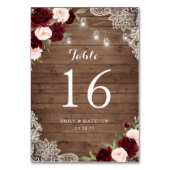 Floral Burgundy Rustic Wood Lace String Lights Tischnummer (Rückseite)