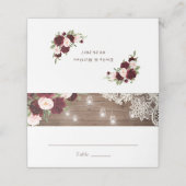 Floral Burgundy Rustic Wood Lights Hochzeit Platzkarte (Außenseite Aufgefaltet)