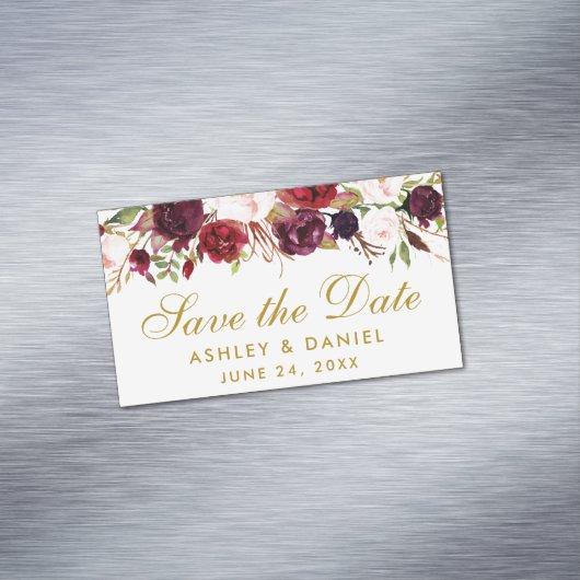 Floral Burgundy Save the Date Gold Mini Magnet (Beispiel)