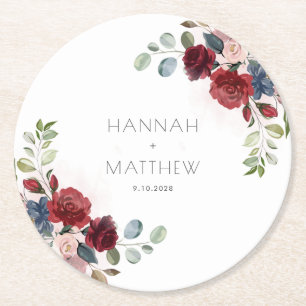 Floral Burgundy Script Chic Wedding  Runder Pappuntersetzer