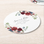 Floral Burgundy Script Wedding Save the Date Runder Pappuntersetzer (Angewinkelt)
