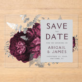 Floral Burgundy Silver Wedding Save the Date Acryleinladungen (Vorderseite)