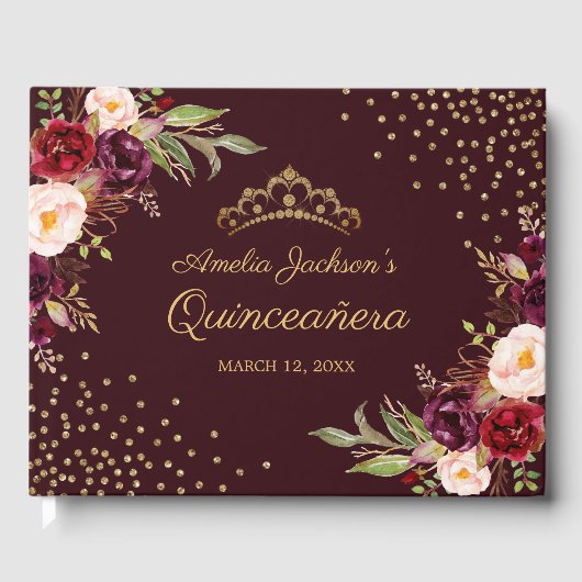 Floral Burgundy Sparkle Quinceanera Gästebuch (Vorderseite)