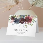 Floral Burgundy und Blue Wedding Vielen Dank Karte<br><div class="desc">Unsere Dankeschön-Grußkarte mit Aquarellbordeauxblumen und marineblauen Blumen mit Eukalyptus und (nicht echten) Goldakzenten.</div>