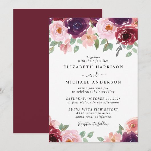 Floral Burgundy Watercolor Wedding Einladung (Vorne/Hinten)