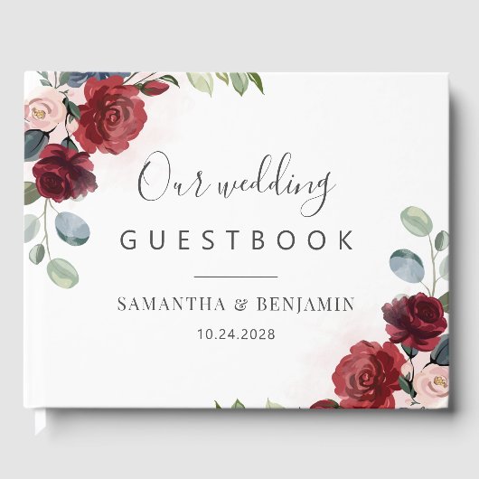 Floral Burgundy Watercolor Wedding Gästebuch (Vorderseite)
