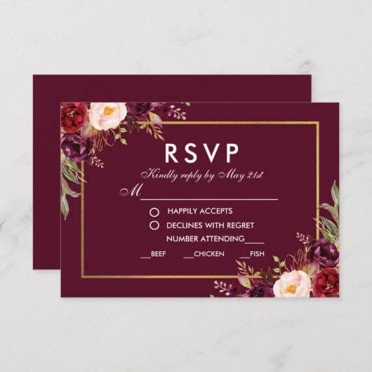 Floral Burgundy Wedding Meal UAWG BG Essen Einladung (Vorne/Hinten)