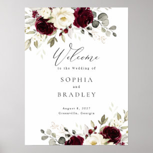 Floral Burgundy White Gold Wedding Willkommenszeic Poster