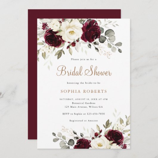 Floral Burgundy White Greenery Gold Brautparty Einladung (Vorne/Hinten)