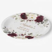 Floral Burgundy White Greenery Gold Brautparty Pappteller (Schrägansicht)