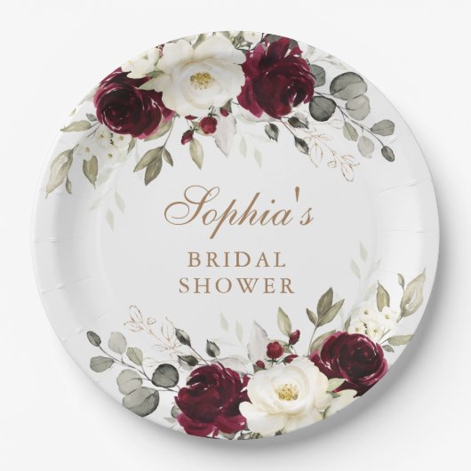 Floral Burgundy White Greenery Gold Brautparty Pappteller (Vorderseite)