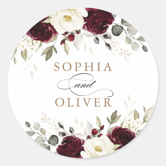 Floral Burgundy White Greenery Gold Umschlag Aufkl Runder Aufkleber (Vorderseite)