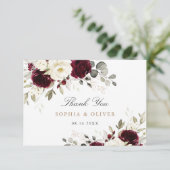 Floral Burgundy White Greenery Thank You Card Dankeskarte (Stehend Vorderseite)