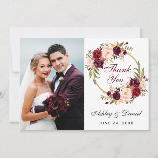 Floral Burgundy Wreath Wedding Foto Dankcard Dankeskarte (Vorderseite)