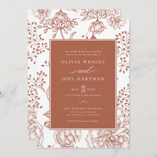 Floral Burnt Orange Elegante Wedding Einladung (Vorne/Hinten)