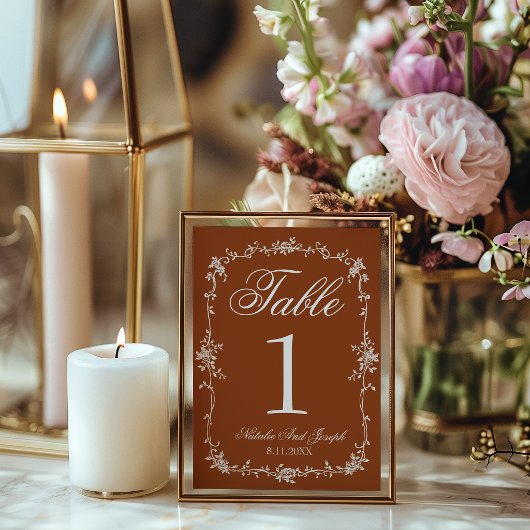 Floral Burnt Orange Old Money Wedding Table Number Einladung