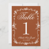 Floral Burnt Orange Old Money Wedding Table Number Einladung (Vorderseite)