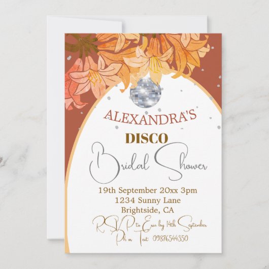 Floral Burnt Orange Silver Disco Brautparty Einladung (Vorderseite)